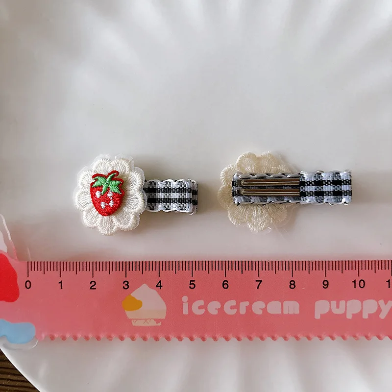 2pcs Girls Korean Red Heart Plaid Hairpins Strawberry Cherry Embroidery BB Clip Children Hair Clip Bangs Clip Hair Accessories