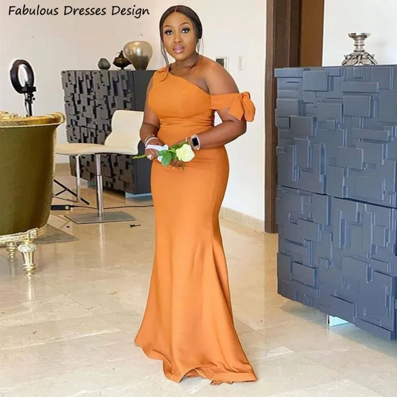 

Orange One Shoulder Bridesmaid Dresses Long Mermaid Cheap Custom Made Wedding Party Dress For African Women Prom Gown