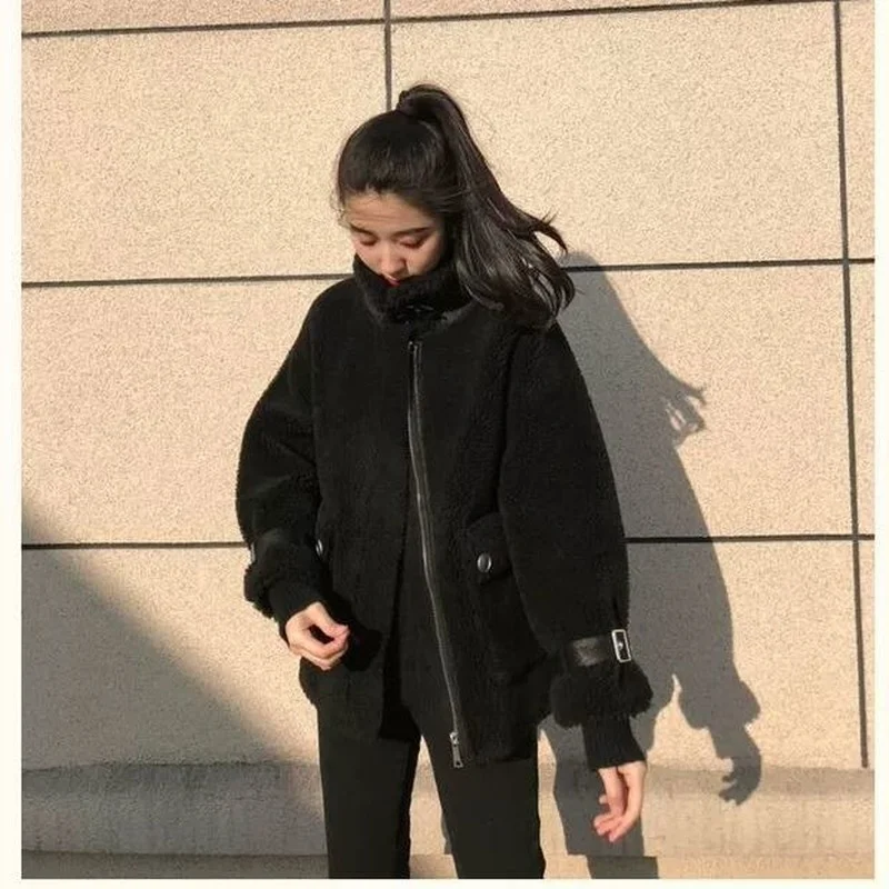 2022 Korean Version Was Thin Lamb Wool Granular Fleece Fur Winter Sheep Shearing Stitching Fur One Long-sleeved Jacket Female