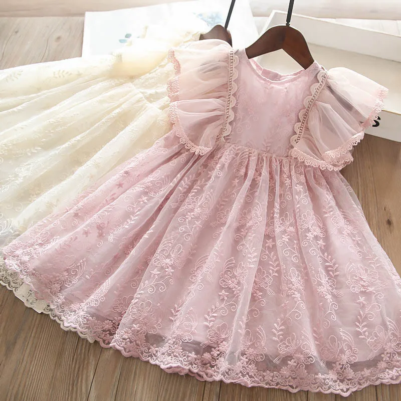 New Little Girls Lace Ruffles Summer Dress Kids Flying Sleeve Flower Princess Dress for Wedding Birthday Party Clothes 3-8Y