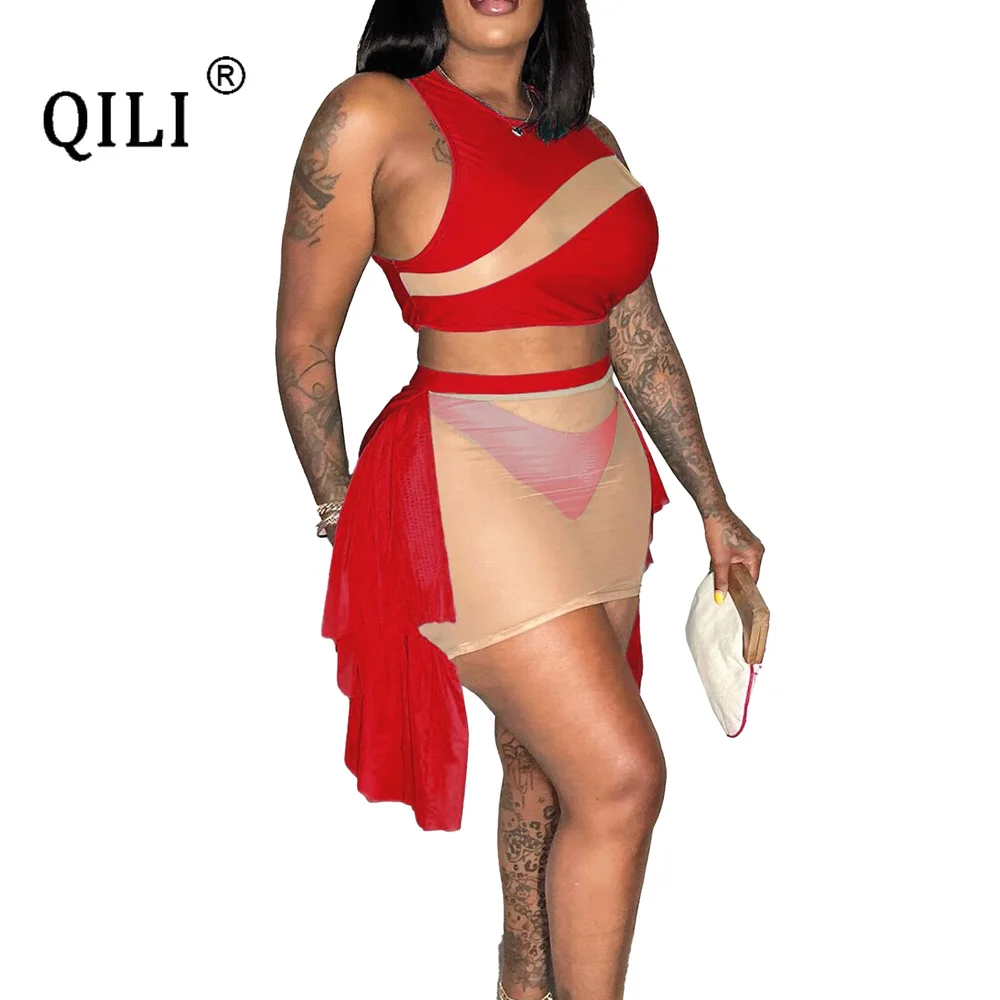 

QILI Solid mesh patchwork lace summer swimsuit bikini sexy perspective three piece set