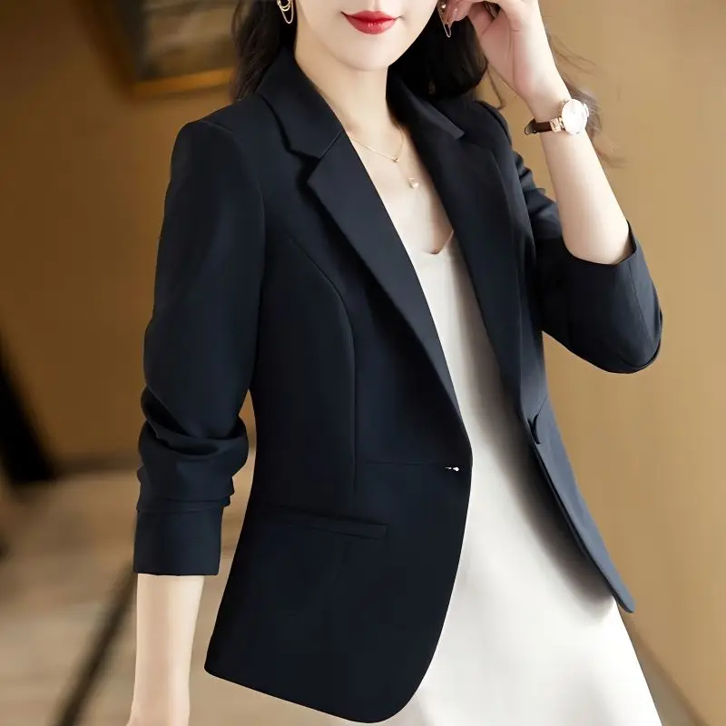 2023 Spring and Autumn Korean Edition Temperament Commuting Simple Suit Collar Slim Fit Solid Color Versatile Long Sleeve Suit
