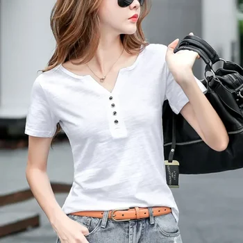 الملابس فضفاضة بلايز الإناث الصيف الكورية نمط زر تي شيرت فام الخامس الرقبة تي شيرت المرأة قصيرة الأكمام القطن بلايز عادية