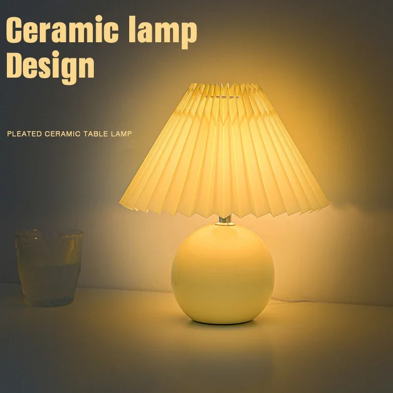 

Bedroom Decoration Small Night Light Pleated Umbrella Shaped Fabric Ceramic Table Light Homestay Study Creative Retro Desk Lamps