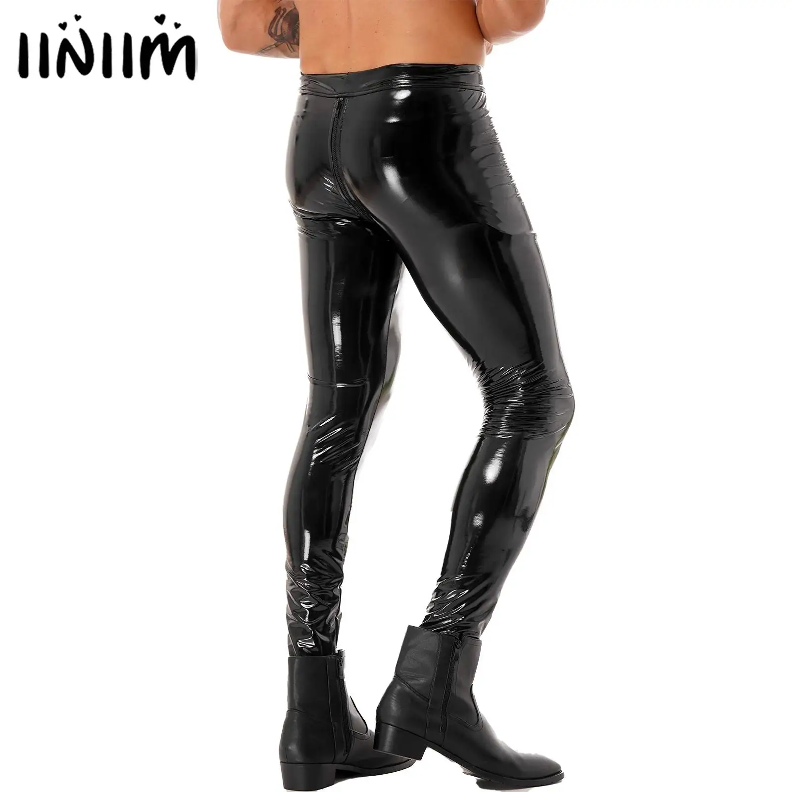 Mens Patent Leather Moto Biker Skinny Pants Leggings Motorcycling Party Tights Pants Zipper Crotch Skinny Trousers Clubwear