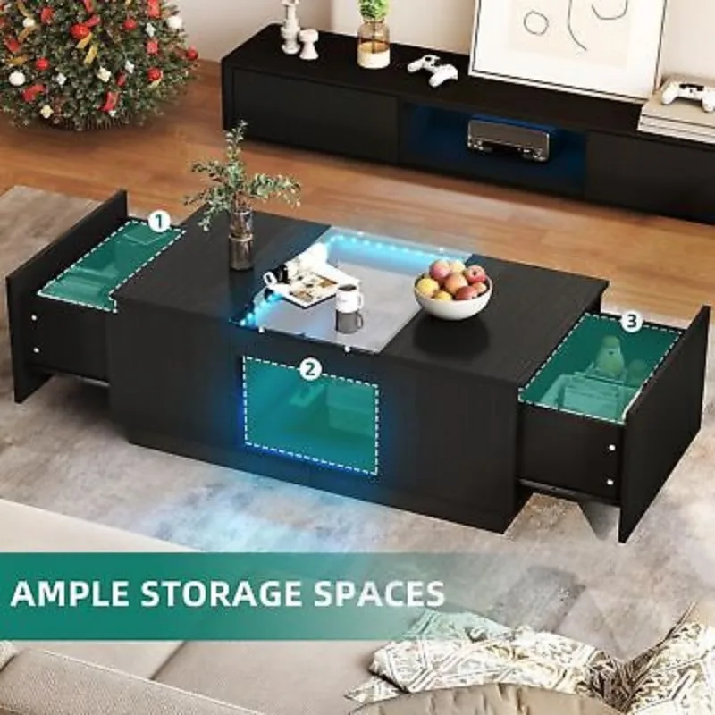 LED Coffee Tables Rectangle Center Table with Charging Station & Storage Drawers 6