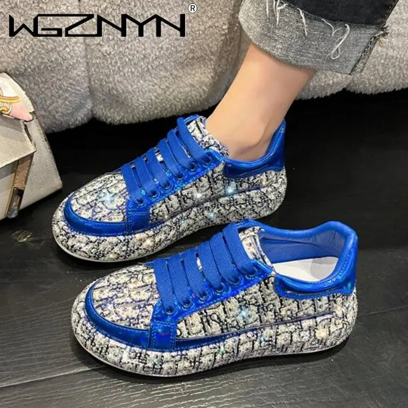 

2023 Women Luxury Shoes Vulcanized Sneakers Bling Rhineston Wedges Thick Bottom Lace Up Breathable Casual Shoes For Female 35-40