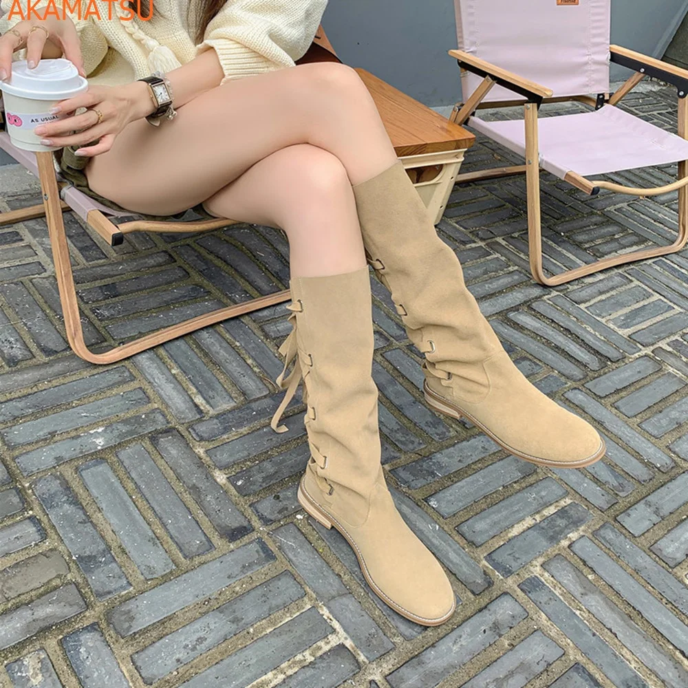 

Round Toe Lace Up Women Boots Long Boots Women's Single Boots Knee-length Back Lace Cross Straps Low Heel Flat Heel Fashion Shoe
