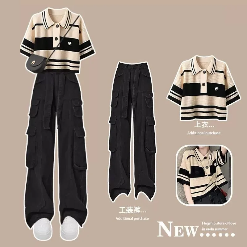 Women's Summer Pants Suit 2023 New Fashion Polo Knitted Short Sleeve Top Cargo Pants Two Piece Korean Chic Blouse Matching Set