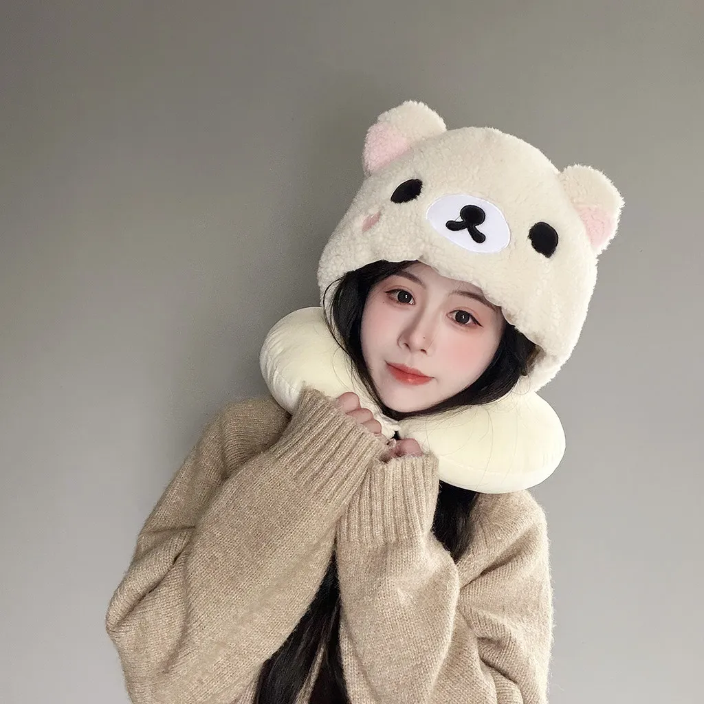Niedliches Rilakkuma Nackenkissen mit Kapuze, weiches Plüsch-Bären-U-förmiges Reisekissen in Weiß-Braun für Reisen, Büro, warme Nickerchen, Mädchen – Detail 5