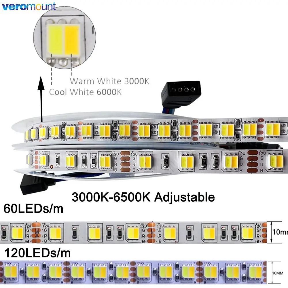 5m 5050 5025 CCT LED Strip 60LEDs/m 120LEDs/m Dual White CW+WW CCT 2 in 1 Color Temerature Ajustable LED Tape 12V 24VDC 10mm PCB