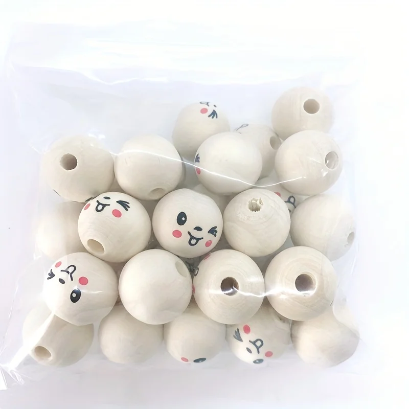 30개 20mm 스마일 우드 비즈 페인팅된 라운드 비즈 천연 목재 비즈 DIY 제작용 스페이서 비즈
