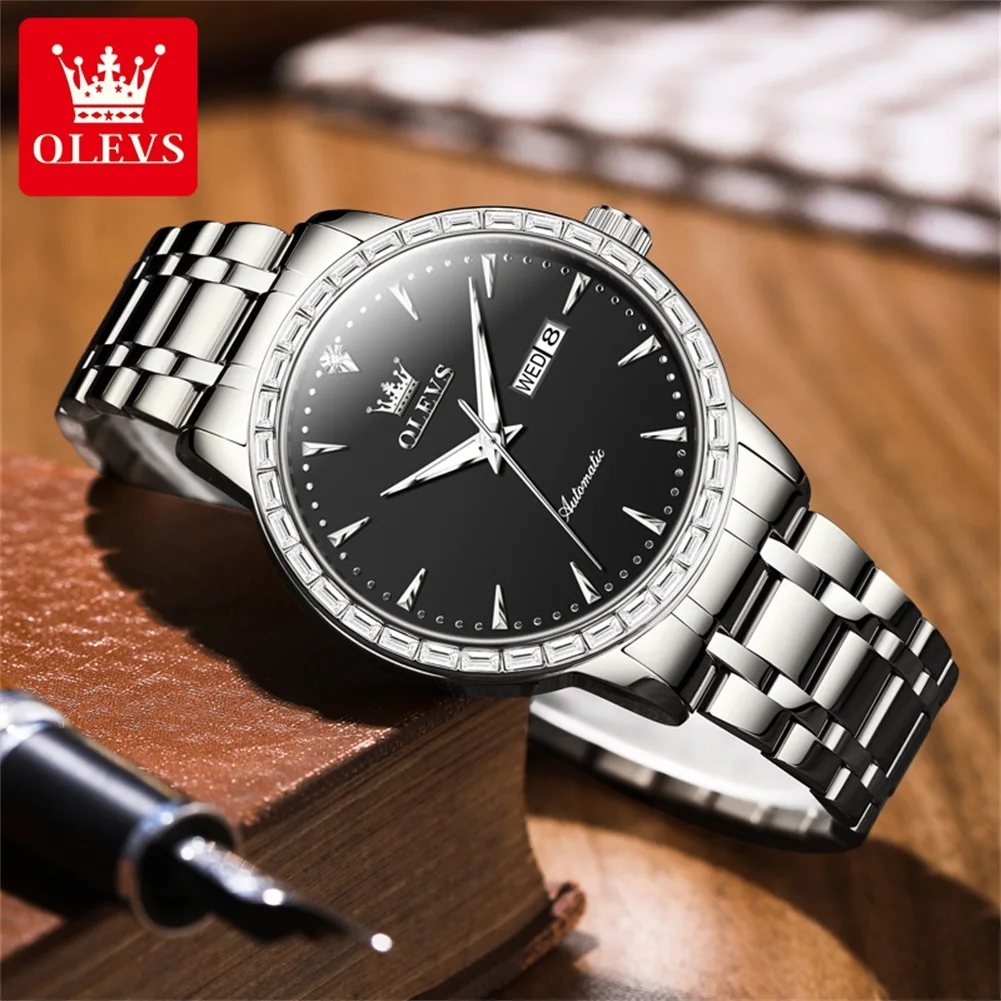 OLEVS Diamond Automatic Watch for Men Luxury Dual Calendar Top Brand Waterproof Luminous Business Dress Men's Watches Hand Watch