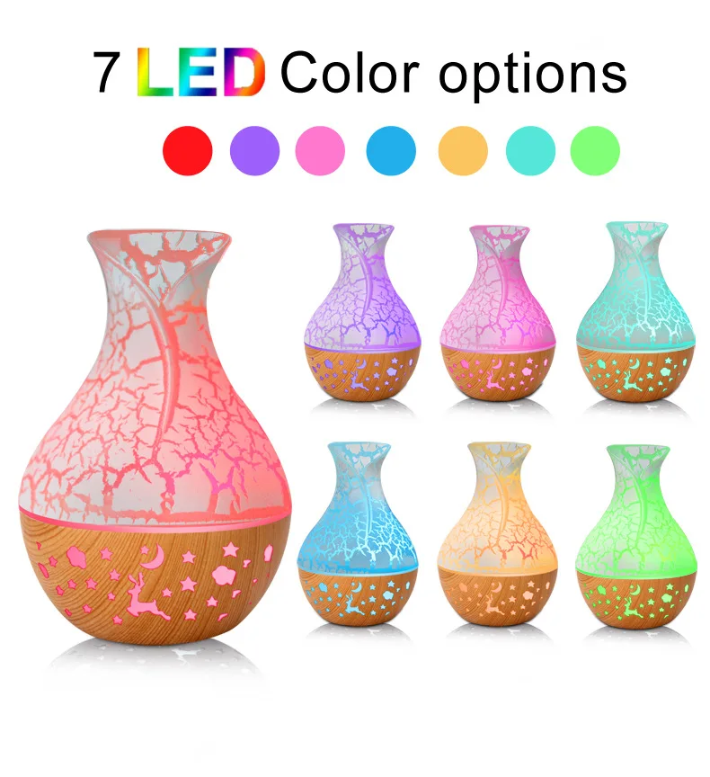 꽃병 공기 가습기, 중공 나뭇결 아로마 테라피 에센셜 오일 디퓨저, 7 색 LED 조명, 150ml 신제품