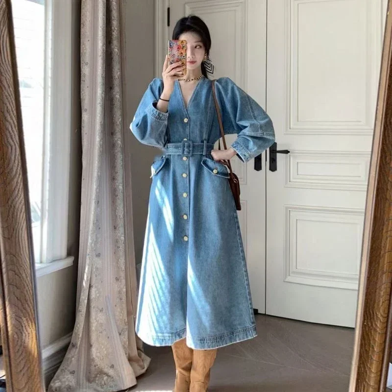 

Spring and Autumn V-neck Women's Dresses Pure Colour Long Sleeve Denim A-Line Long Dresses French Premium Sense Commuter Dresses