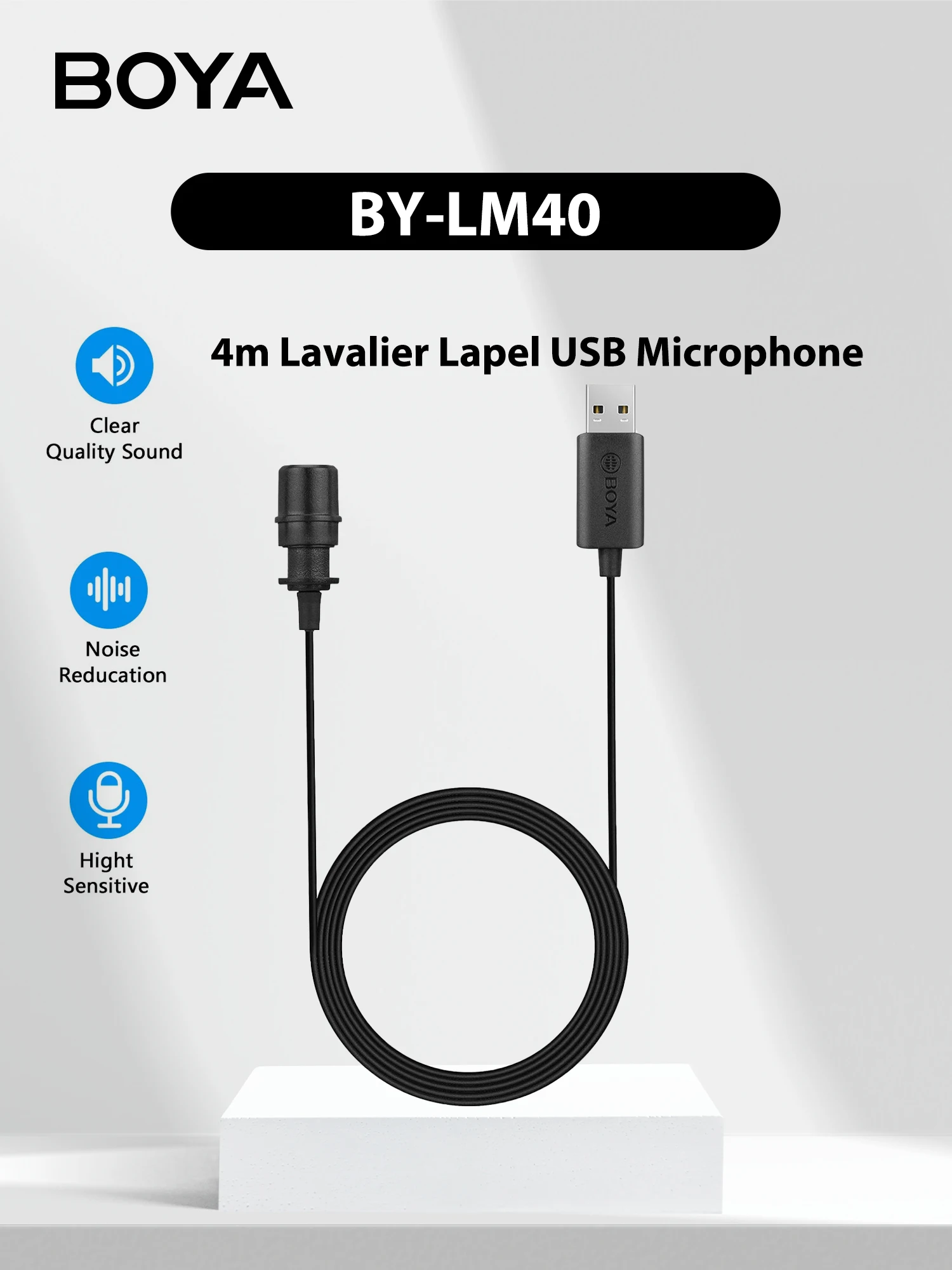 BOYA BY-LM40 4m Lavalier Lapel USB Microphone for PC Gaming Laptop Computer Windows Mac Streaming Vlogging Youtube Recording