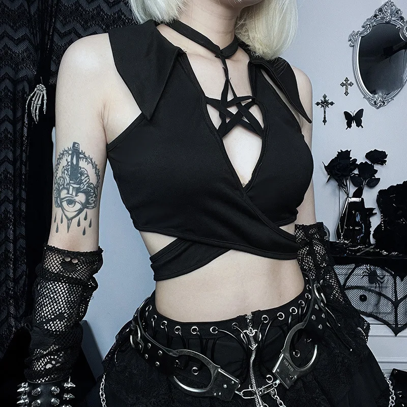 

Summer Models Spicy Girl Sexy Hollow Slim Halter Top Diablo Style Primordial Witch Pentagram Undershirt Female