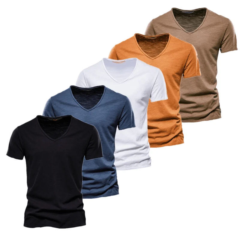 AIOPESON 5 Pcs Brand T Shirt Men Casual Solid Color Slim Fit V neck T