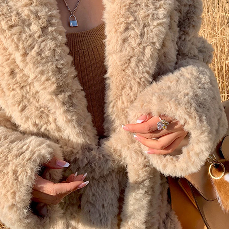 Winter Women Faux Fur Coat Oversized Long Shaggy Fuzzy Thicken Warm Parkas Sashes Lapel Stylish Luxury Korean Fashion Outwear