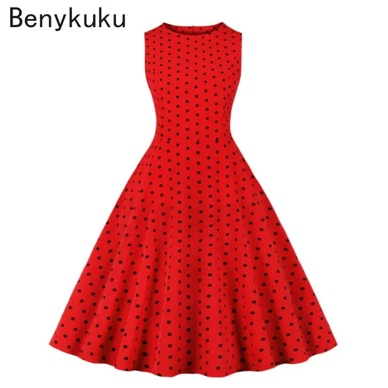 

2024 Robe Femme Retro Red Polka Dot Dress Swing Rockabilly Summer Dresses for Women Sleeveless Pinup Vintage Party Dress Vestido