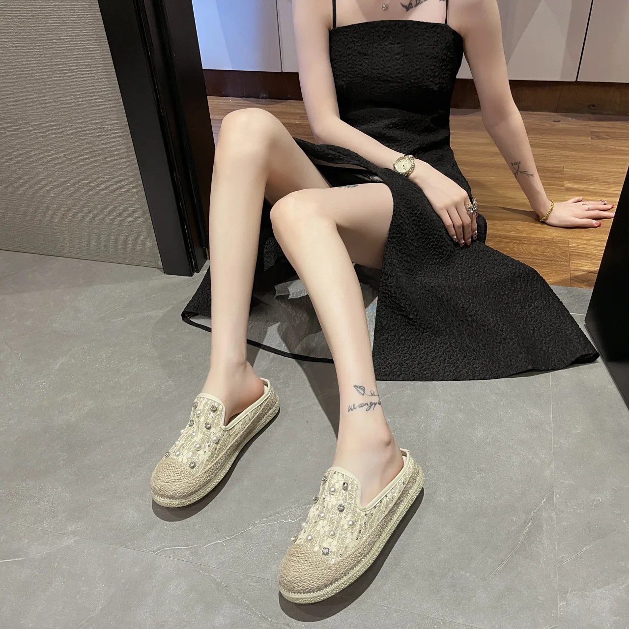 Baotou Half Slippers Women's New Summer  Korean Version Casual Outside Wearing Pearl Rhinestone Thick Soled Fisherman Slippers