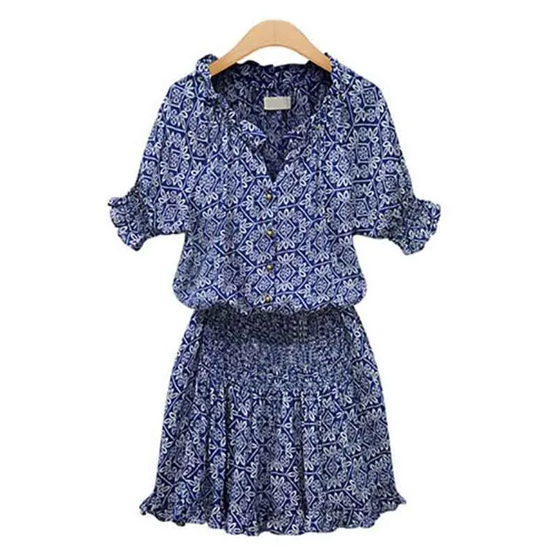 

European and American New Women's Blue Printed V-Neck Short Sleeve Dress Short Skirt Cotton Silk Elastic Waist Comfort Skirt