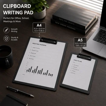 Portablocco Nero, Disponibile nei Formati A4/A5, Portablocco Resistente con Clip in Metallo per Ufficio, Scuola, Riunioni, Infermieristica