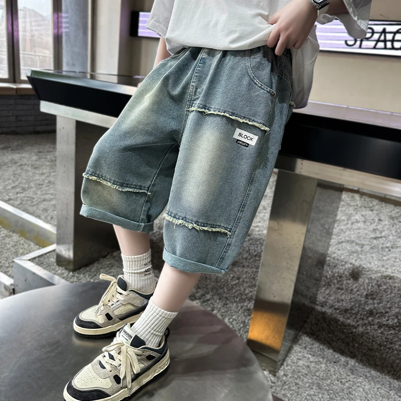 Brief Style Children Summer Shorts For Boys Solid Color Patchwork Denim Shorts Jeans Kids Teenager Casual Capris Pants 5 to 14 Y