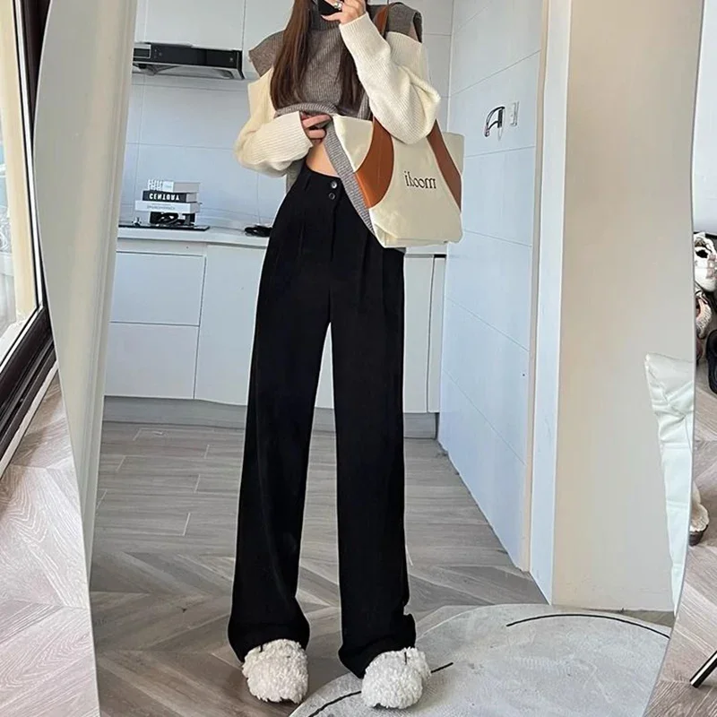 Weibliche Koreanische Cord Anzug Hosen Mädchen Hohe Taille Baggy Gerade Bein Hosen Dame Klassische Designer Weiß Dünne Hosen – Detail 13
