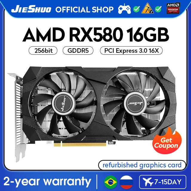 JIESHUO AMD RX 580 16GB Gaming Graphics Card GDDR5 GPU 256-bit PCI-E 3.0X16 RX580 16G Desktop Computer Video Office KAS ETC RVN 1