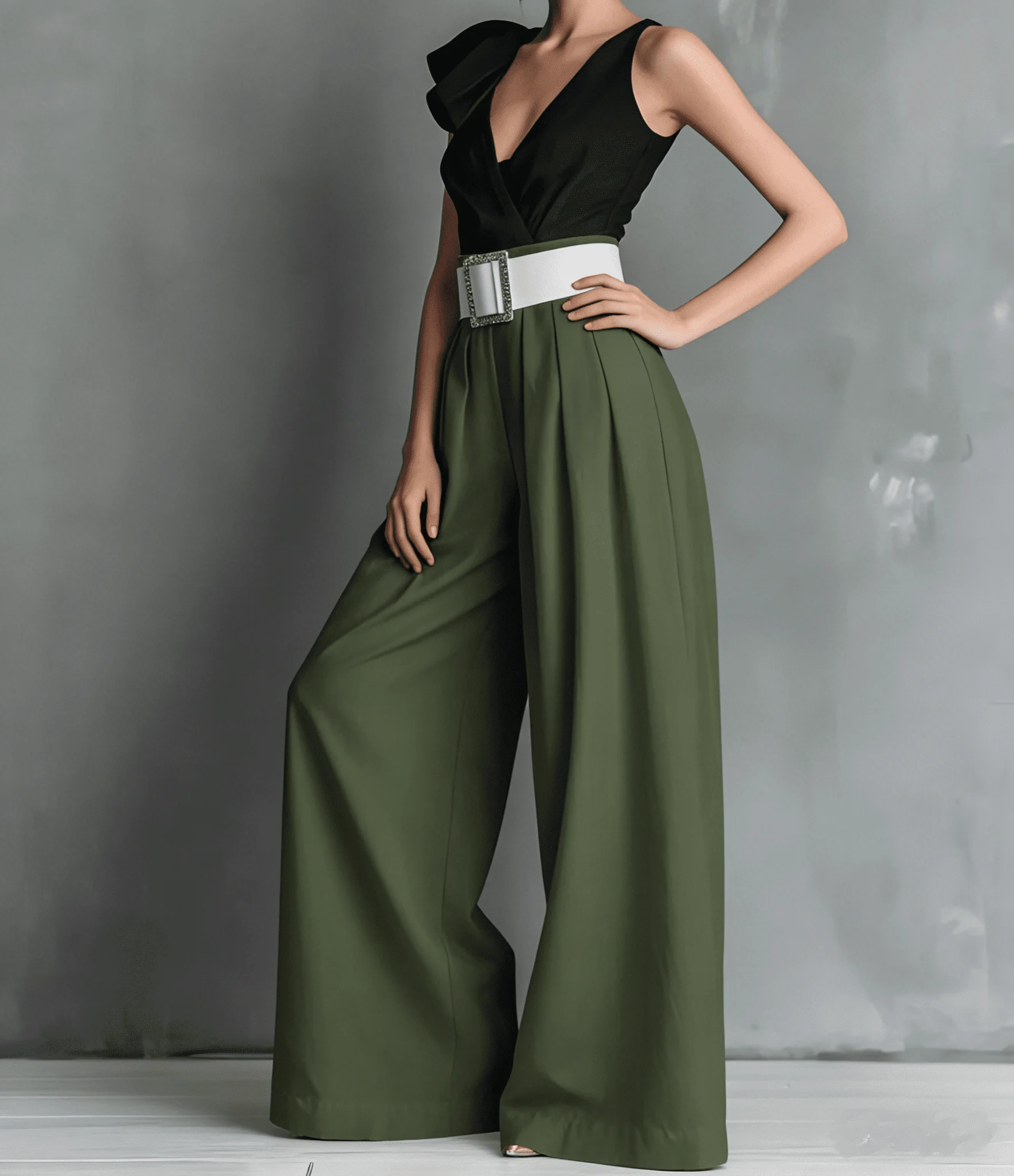 Damen High-Waist Weite Hosen mit Quadratischem Schnallenverschluss, Plissierte Lose Lange Hosen für Büro, Abend und Party – Detail 7