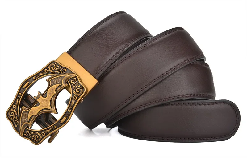 Men Leather Belt Vintage Bat Silver Gold Automatic Buckle Plus Size Big 130 140 150 160 170cm
