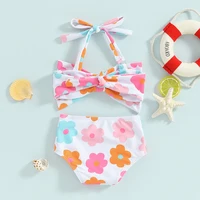 1-6Y Little Girls Bikini Sets Flower/Plaid Print Sleeveless Bow Bikini Tops with Shorts 2024 Summer Baby Swimsuit Kids Beachwear 5