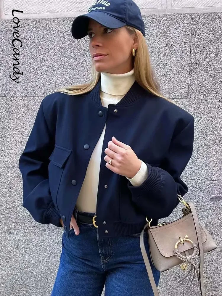 2023 Spring Casual Dark Blue Bomber Jacket Women Fashion Single Breasted  Cropped Outerwear Ladies Chic Street Pocket Coat