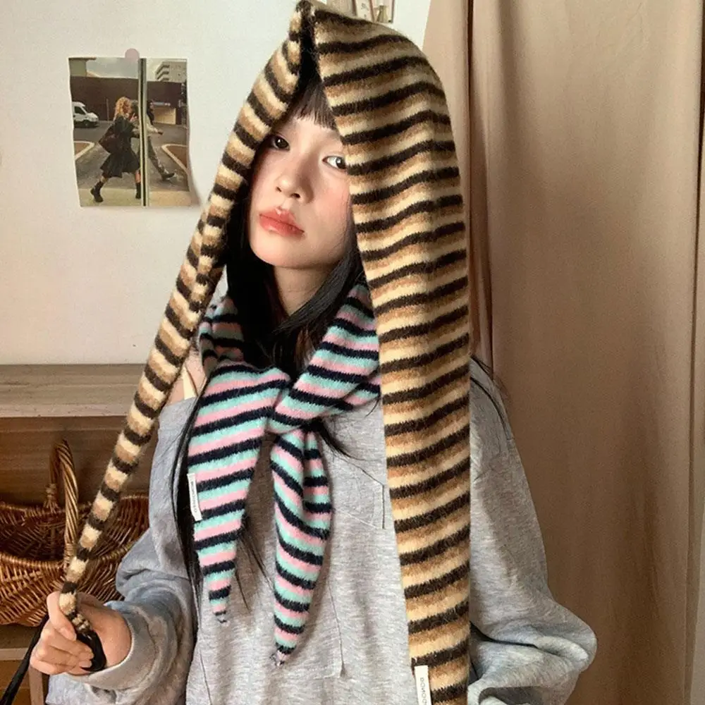 Fashion Versatile Striped Wool-blend Knit Triangle Scarf Korean Hood Scarf Shawl Winter Warm Neck Protection Scarf Neckerchief - Image 2