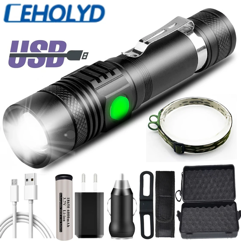 

Светодиодная лампа-вспышка XP-L T6, USB, аккумуляторная батарея 18650, ультрасветильник водонепроницаемый фонарик, многофункциональный фонарь с зумом