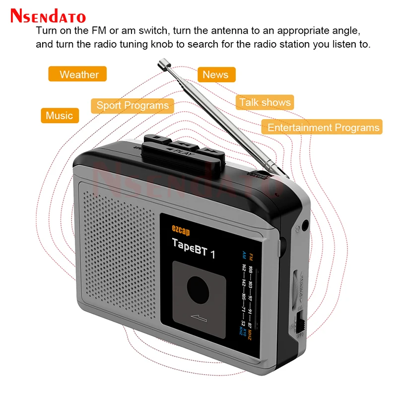 Ezcap244 TapeBT 1 Portable Bluetooth Tape Cassette Player Converter With FM/AM Radio Built-in Speaker Microphone For Headphone
