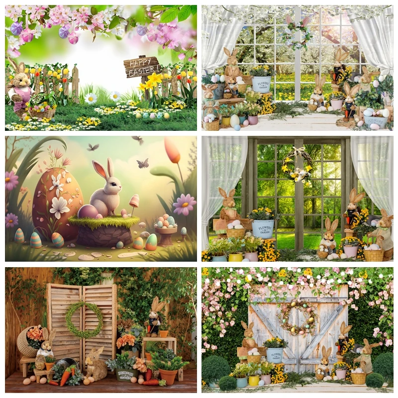 

Happy Easter Backdrop Photography Spring Bunny Eggs Flowers Garden Baby Portrait Photographic Background Photo Studio Photocall