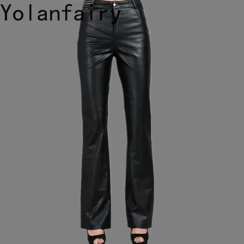 

Leather Pants Spring Autumn Women's Genuine Sheepskin Pants OL Pants Big Size Flared Pants Casual Leather Pants