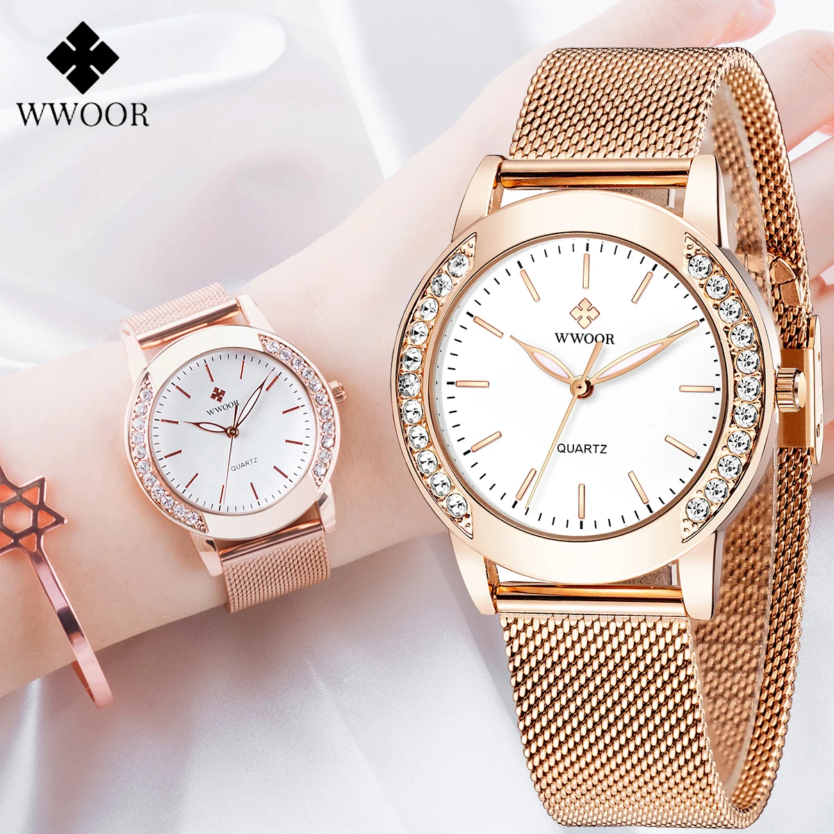 WWOOR Simple Women's Watch Japanese Movement Diamond Elegant Waterproof Rose Gold Stainless Steel Mesh Ladies Quartz Wristwatch
