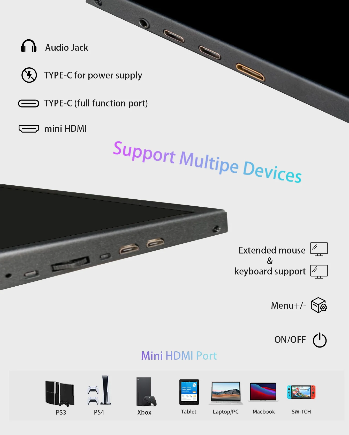 LESOWN 미니 휴대용 디스플레이 8.9인치 1920x1200 IPS LCD USB C 소형 모니터, 노트북 게임용 보조 모니터 확장 디스플레이