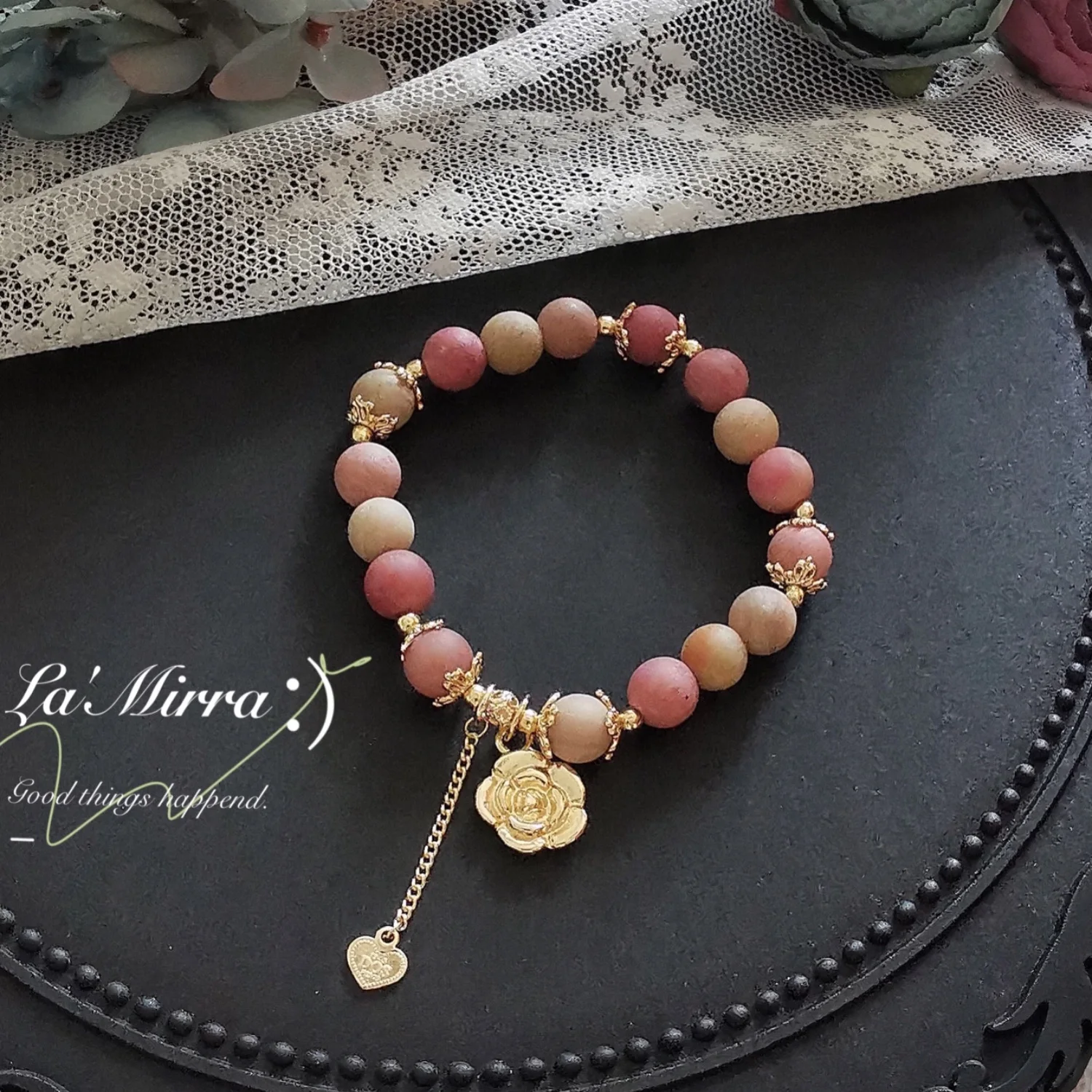 

Rose Manor Natural Rose Stone Calligraphy Peach Blossom Frosted Bracelet Pink Crystal Bracelet Female Ins Design