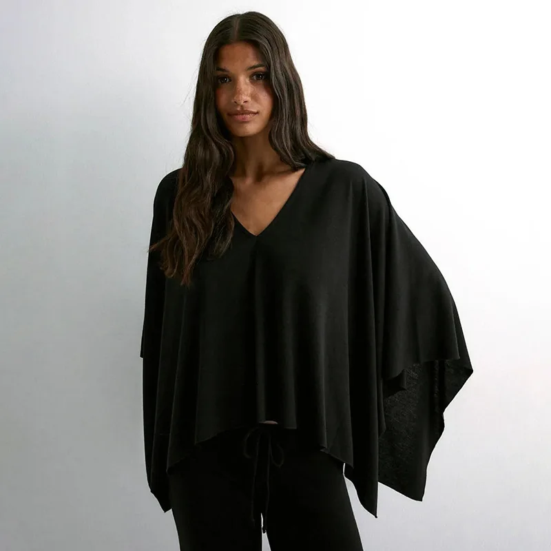 Elegant Fashion New Irregular Women's V-neck Solid Color Shawl Spring and Summer Loose Loose Pullover Top Casual Blouse