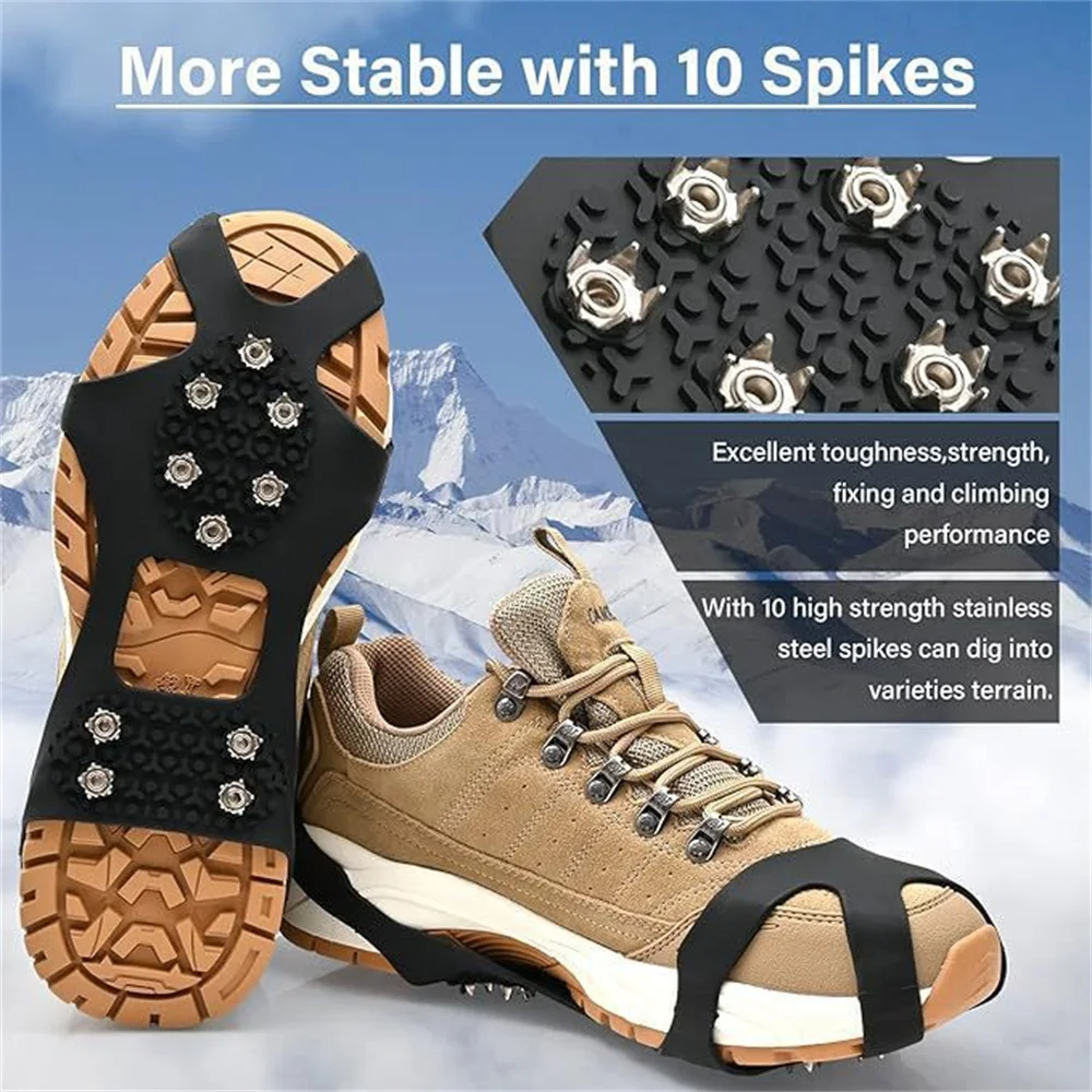 1 PC Outdoor Crampons Mountaineering Travel Fishing Snow Non-Slip Shoe Cover Stainless Steel 10 Teeth Ice and Snow Spike Silicon Climbing Crampons