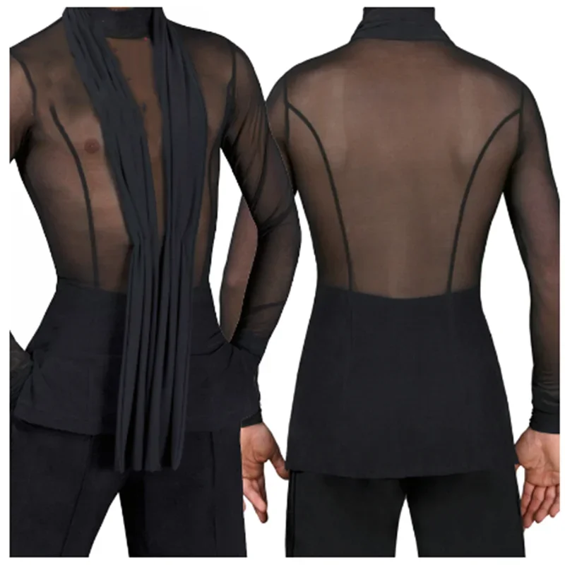 Black Long Sleeve high quality stretch Shirt New Men Ballroom Competitive Shirts Fantasia Latin Dance Tops