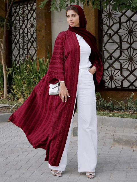 Siskakia Fashion Muslim Kimono Abaya Solid Striped Retro Ethnic Cardigan Robe Dubai Middle Eastern Saudi