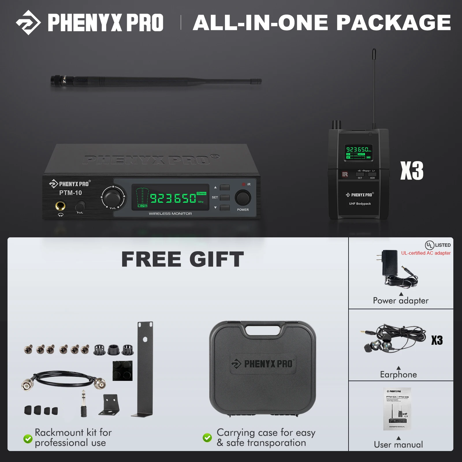 Stereo Wireless in Ear Monitor System 900MHz Band Wireless UHF Audio IEM with Rack Mountable for Stage Church Phenyx Pro PTM-10