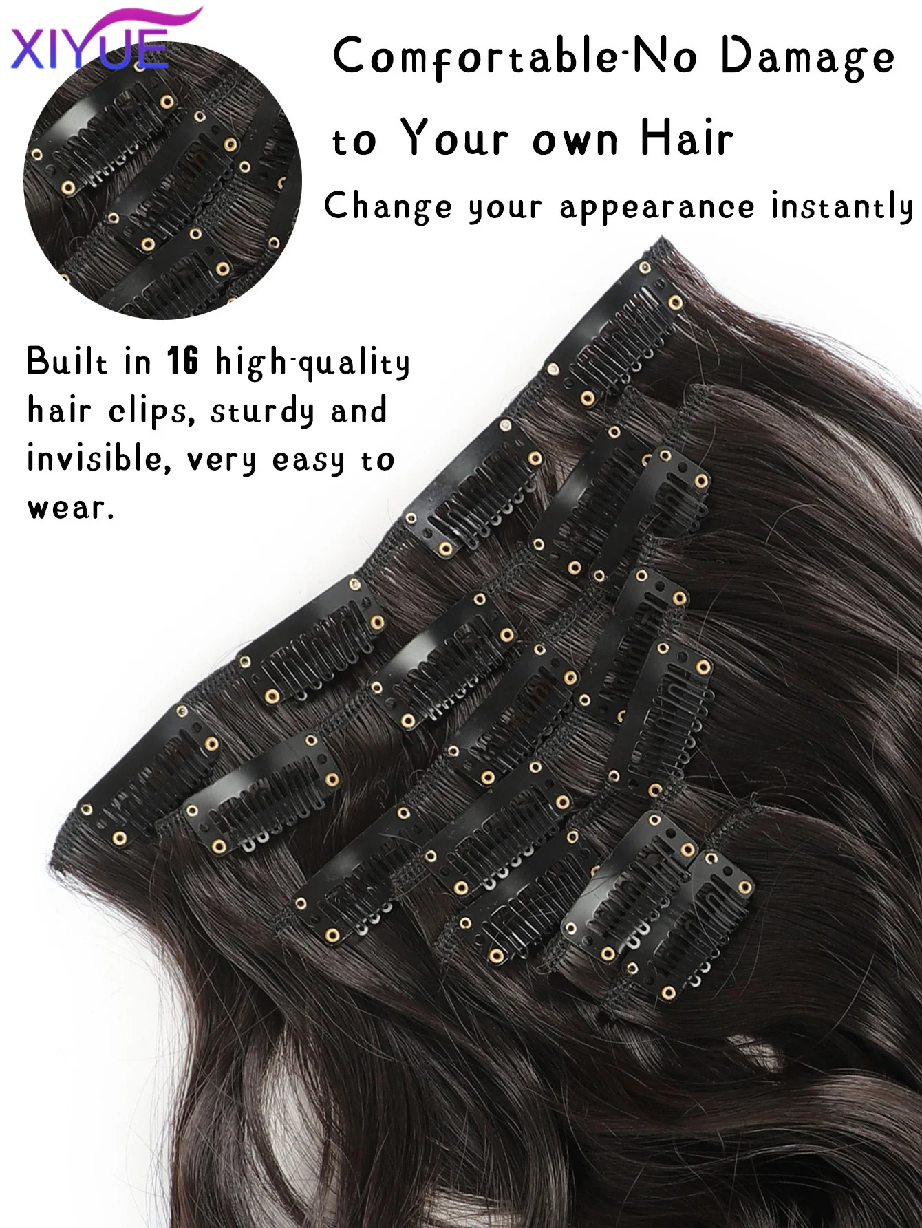 7Pcs/Set 16 Clips Hair Extension Black Long curly hair Natural Hair Ombre Hairpiece Heat Resistant Fiber For Women Hairstyle