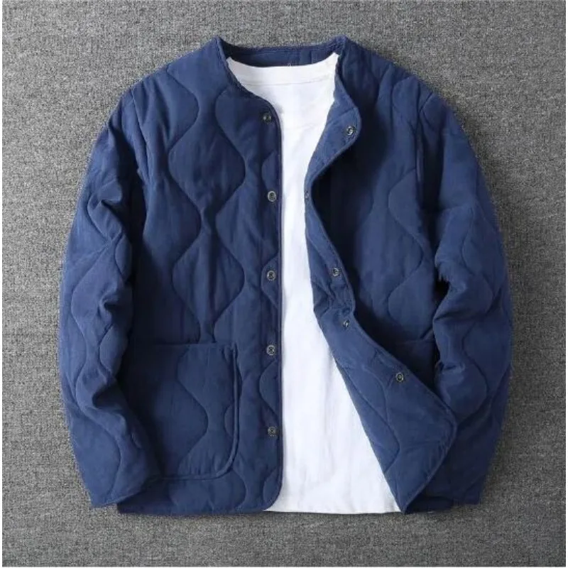 Autumn Winter O-neck Quilted Jacket Men's Versatile Army Green Retro Thickened Coat Men Techwear Button Up Oversize Jacket