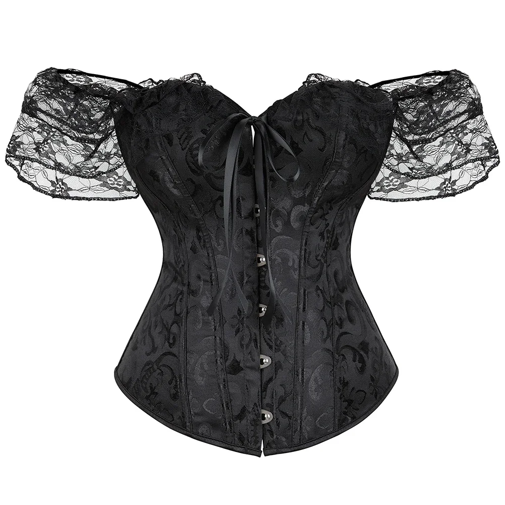 Women Lace Short Sleeve Corset Vest Lace Up Plastic Bones Overbust Corselet Jacquard Vintage Waist Trainer Bustier Top Basques